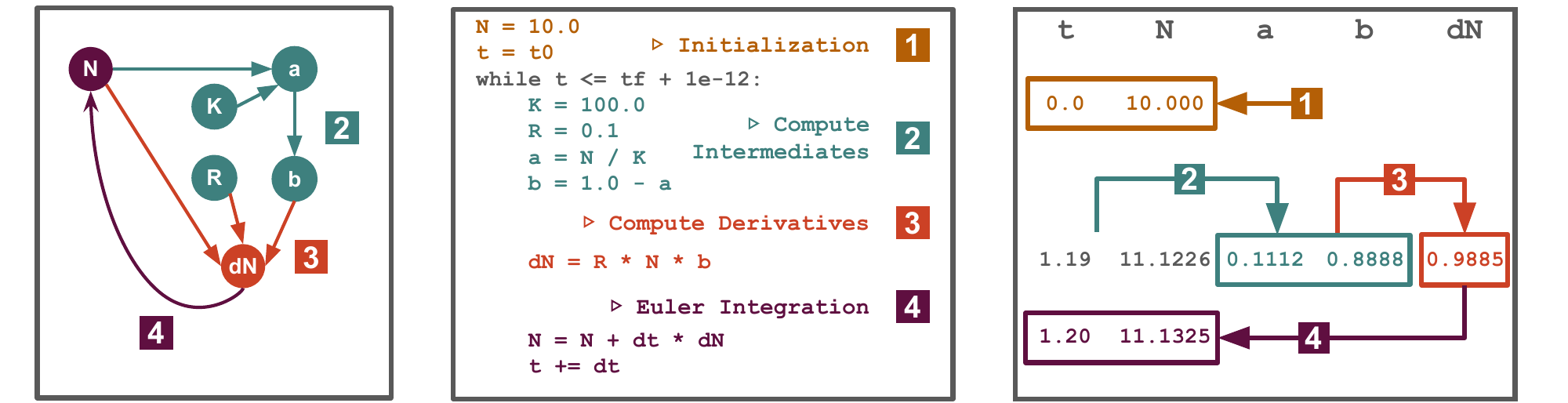 Graph, Python code, and computation table of a population model